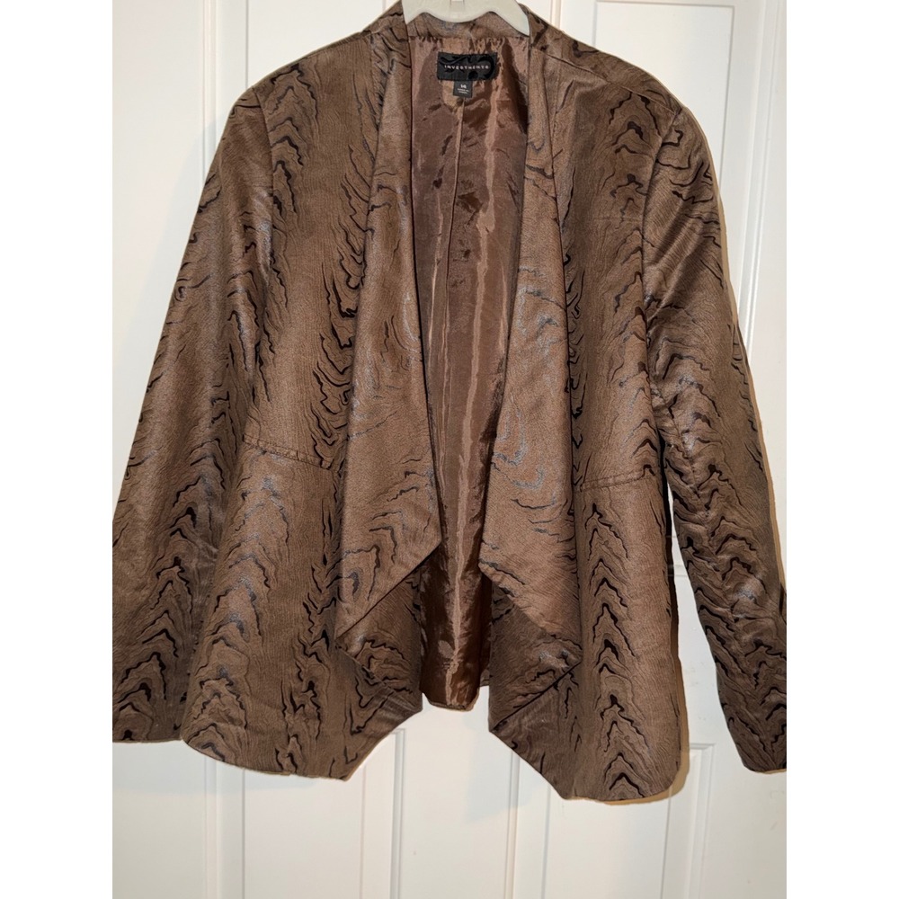 Investments Womens Brown Black Woodgrain Draped Open Front Blazer Jacket Size 14